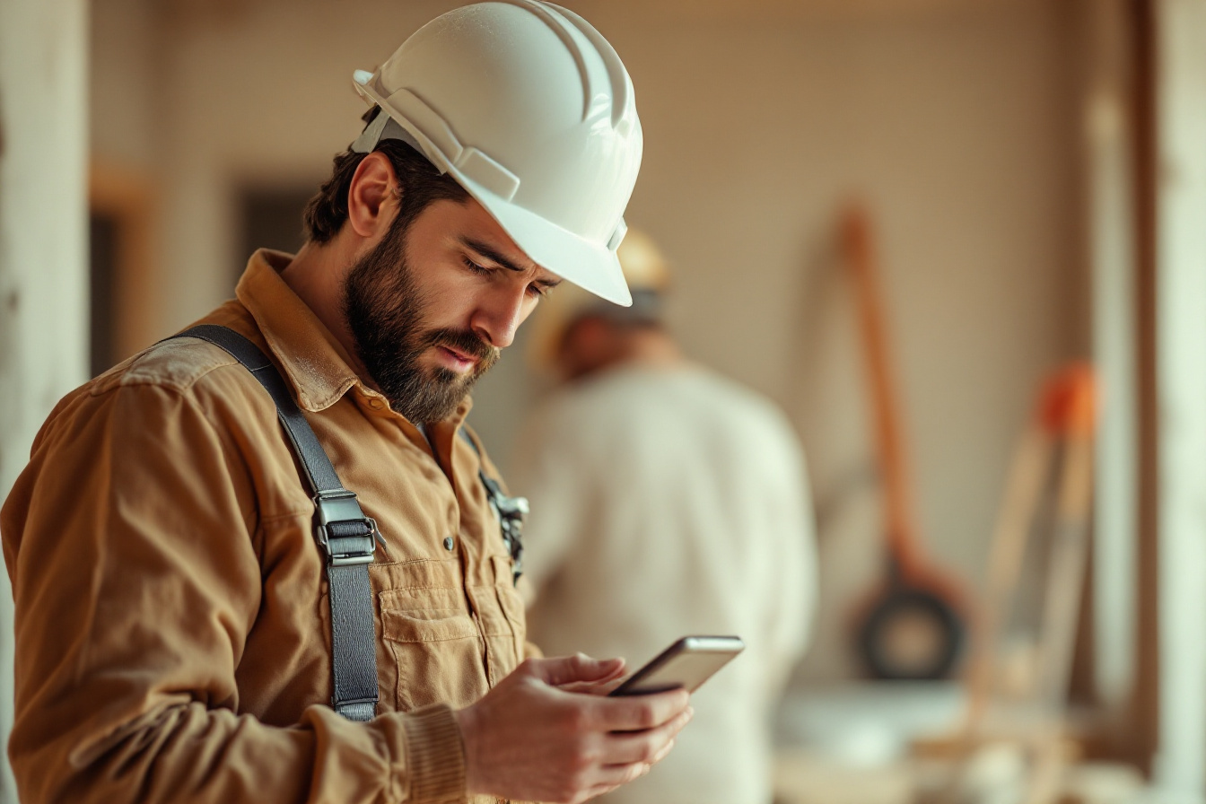Profesional en una obra mirando el móvil