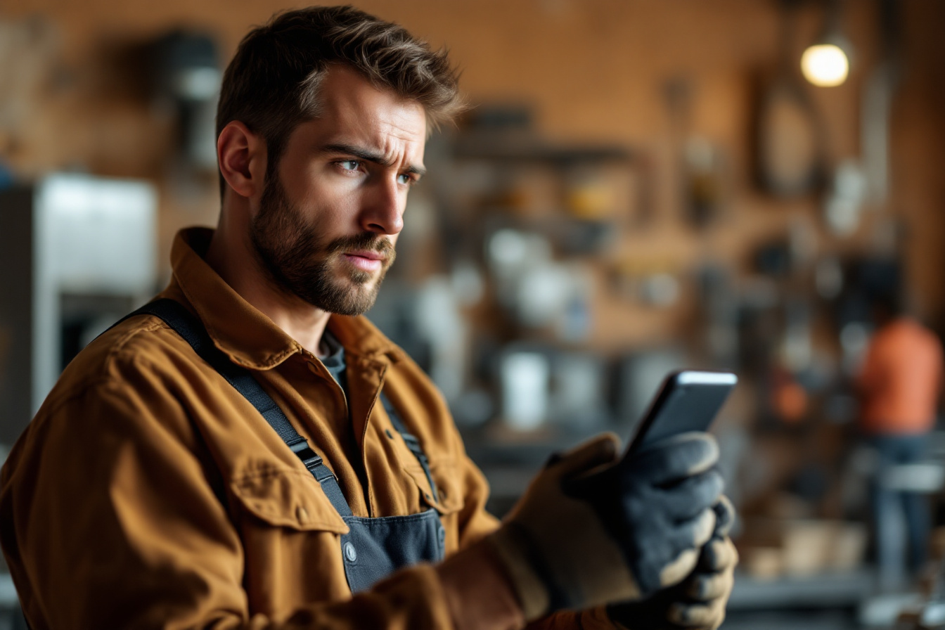 Técnico en su taller con el móvil en la mano